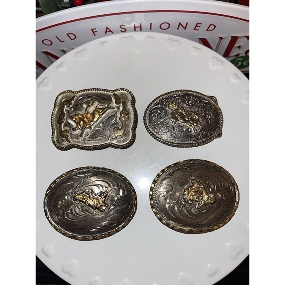Vintage Young‎ Cowboy/Cowgirl Western Belt Buckles (4) Alpaca Mexico & Taiwan